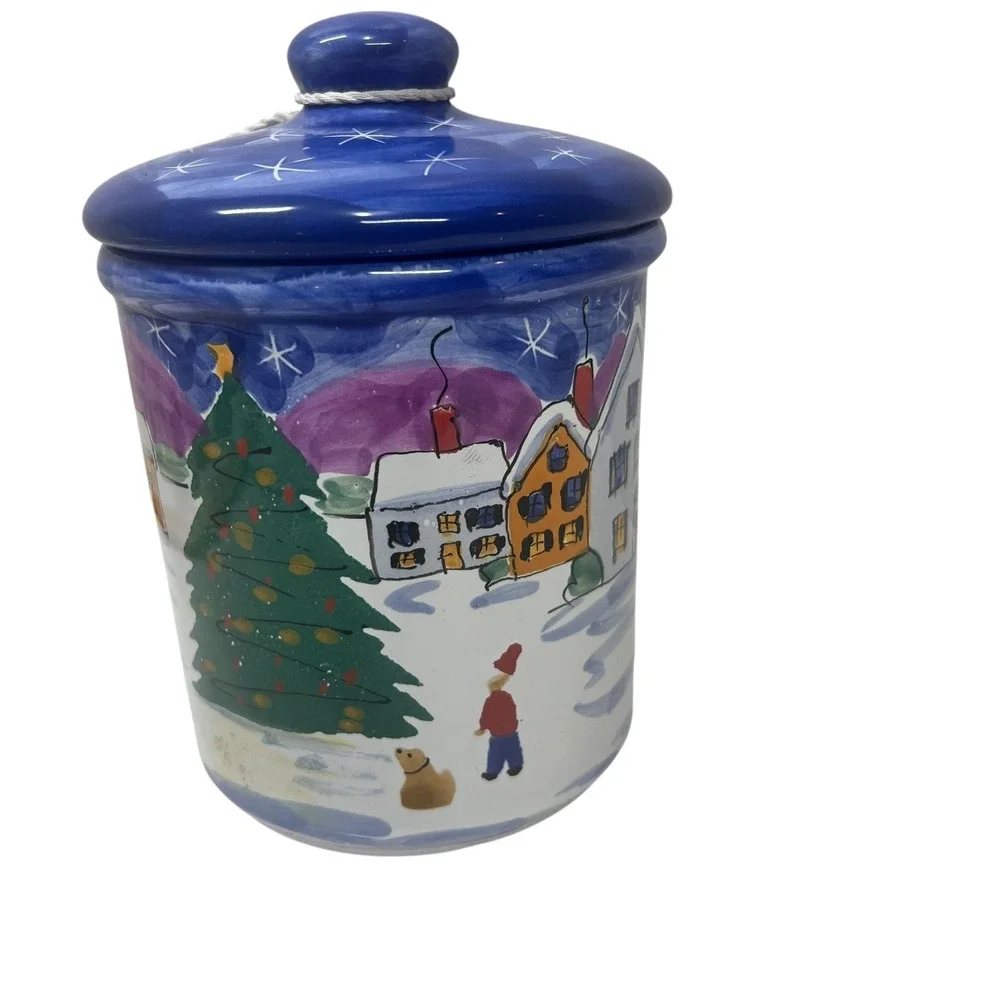 Starbucks Hand Painted Canister Ceramic Jar Hungary Winter Village Signed Coffee